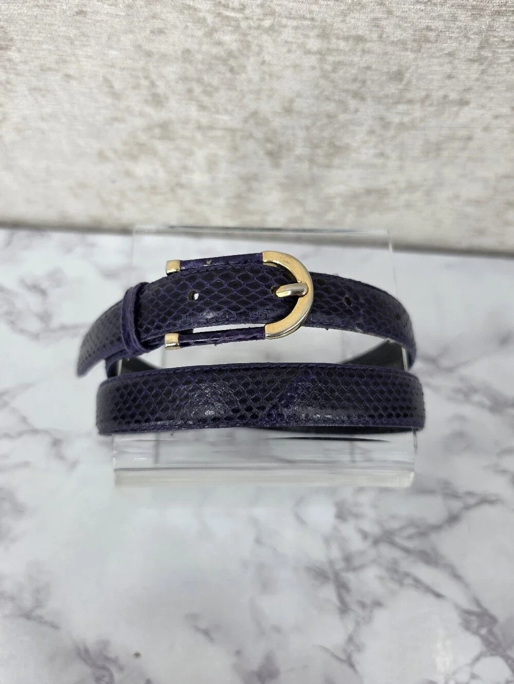 Vintage Snakeskin Leather Slender Purple Belt with Gold Tone Buckle 80s